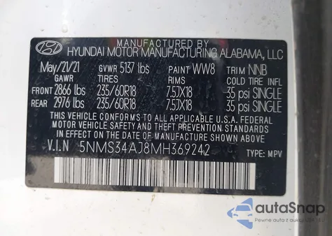 2021 Hyundai Santa Fe Sel z USA, uszkodzony, nr VIN 5NMS34AJ8MH369242